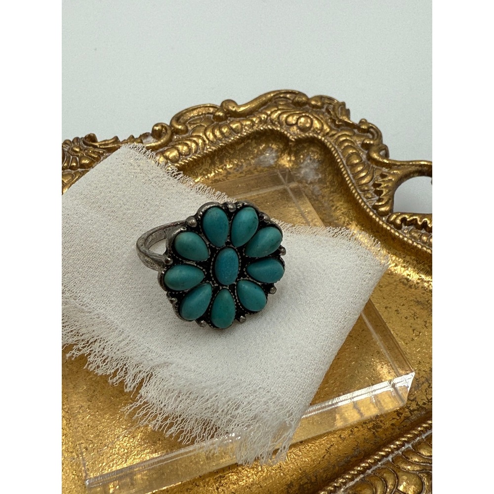 Boho Turquoise Faux Stone Flower Statement Ring Silver Tone Size 7.25 Sunburst